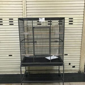 Black rectangular parrot cage on a rolling stand