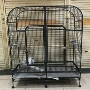 Wide black parrot cage with rounded roof and two front doors